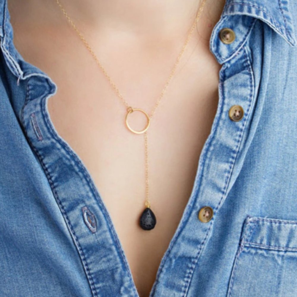 Women's Gold Natural Black Lava Stone Necklace